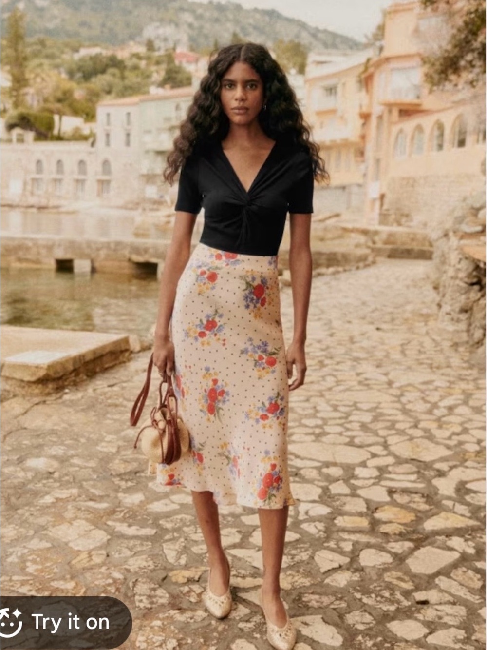 Sezane Cream Maxi Skirt with Red & Blue Floral Print